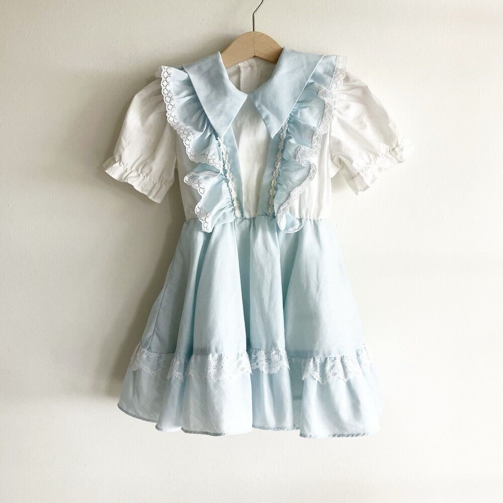 VTG Wendy Creations of California Girls Size 3 4 Puff Sleeve Dress Blue Ruffle